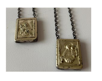 Rare 16 1/2" Vintage Metal Scapular Necklace Lockets that open - St. Simon Stock and Our Lady of Mount Carmel with Christ Child
