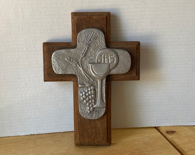 Vintage Wooden Cross with gold toned Jesus Christ and St. Benedict medal insert