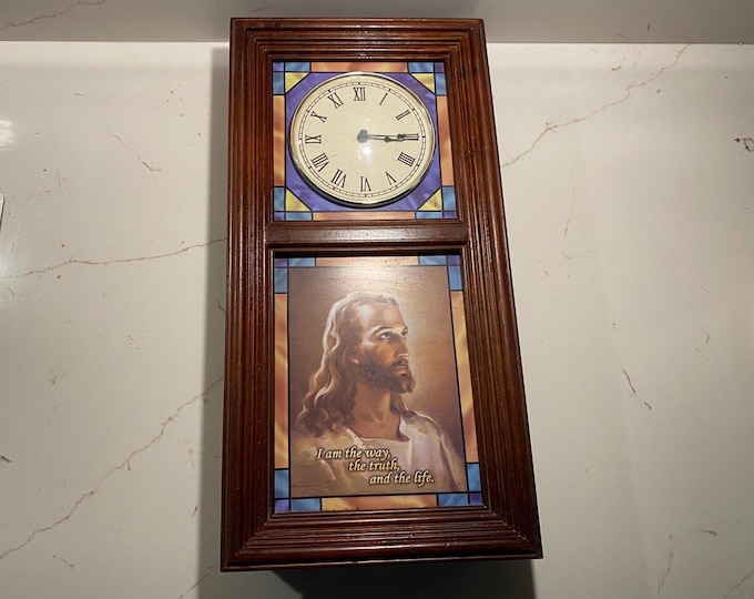 Vintage Lighted Stained Glass and Wood Clock "The Life of Christ" by Danbury Mint