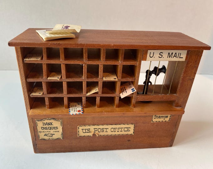 Vintage 1:12 scale Dollhouse Wooden U.S. Post Office Desk with antique phone, mail slots, old calendar and 7  letters
