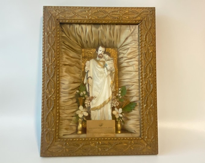 1900s St Joseph Catholic Petition Shadow Box Shrine with Indulgenced Prayer to St. Joseph