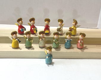 Made in Italy 1950s ,  Set of 11 Sevi 1 3/4" Wooden Angel  Orchestra  Musicians Band Figurines - Each one is playing a different instrument!