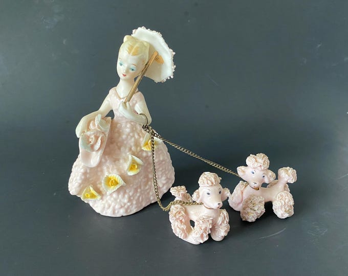 Vintage Victorian Lady with 3D Porcelain  Flowers, Parasol, 2 Spaghetti Poodles - Pink - Artmark Originals Japan