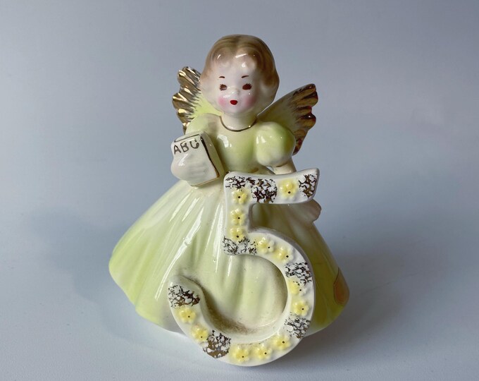 1960s Josef Originals Age 5 Porcelain Chartreuse Ceramic Birthday Angel with Original Foil Sticker