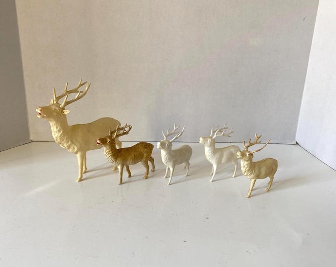 Set of 5  Vintage Celluloid (3) and Plastic (2) Reindeer Figurines