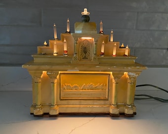 Lighted 1940s Noma Glow LIte Chalkware Altar with Glass Rod Candles