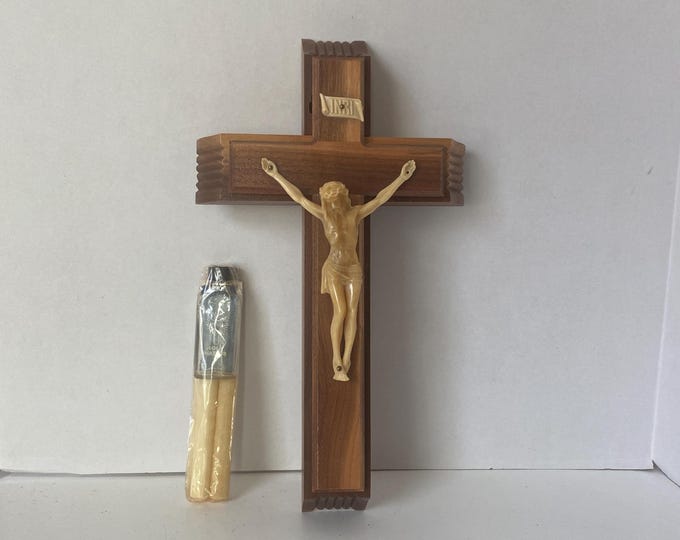 Vintage 13" Sick Call Crucifix - Last Rites Catholic Religious Travel Kit w/unopened candles and Holy Water glass Bottle