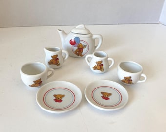 7 Piece set  Shackman 1989 Teddy Bear Birthday Children's  Porcelain mini tea set - Teapot, Sugar, Creamer, 2 Cups, 2 Saucers - Smithsonian