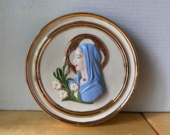 Vintage Gilded Plaque of Madonna, Holy Mother made of Porcelain Ceramic