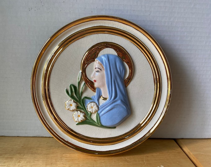Vintage Gilded Plaque of Madonna, Holy Mother made of Porcelain Ceramic