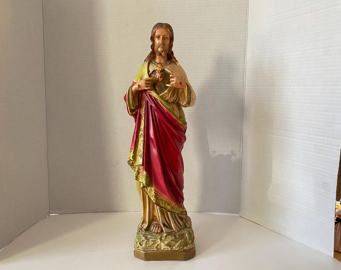 Gorgeous 17" tall Vintage Plaster Statue of Sacred Heart of Jesus