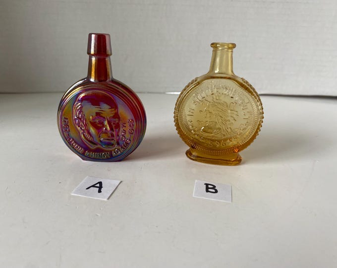 Choice of Wheaton John Quincy Adam Red iridescent Glass Bottle or Wheaton In Silver We Trust 1896 vintage Gold bottle