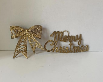 Set of 2 Vintage Plastic Gold Glittered "Merry Christmas" sign and "Bow" for Tree, Wreaths, Centerpieces etc