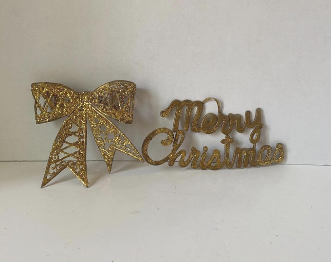 Set of 2 Vintage Plastic Gold Glittered "Merry Christmas" sign and "Bow" for Tree, Wreaths, Centerpieces etc
