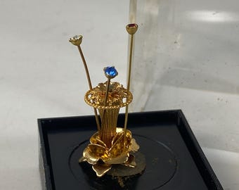 Vintage Dollhouse Miniature Floral Hat Pin Stand with 3  Faux Jewel Stud Hat Pins in Display Box
