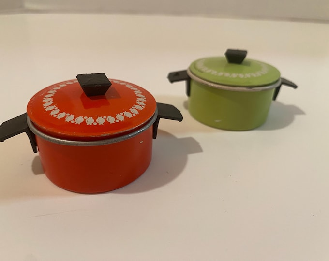 RARE! Set of 2 Lidded 1950s Dollhouse Metal  Pots with matching Lid with decorated pattern