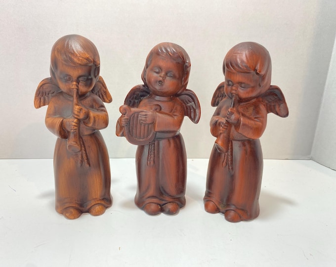 Set of 3 Vintage  Musical Angels Christmas Decor in Wood Look Style From World Gift Japan