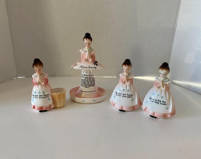 Vintage Enesco Mother In The Kitchen Prayer Lady Kitchen Lot Of 4 Pieces: Spoon Holder, Toothpick Holder, Salt & Pepper Shaker Set in Pink