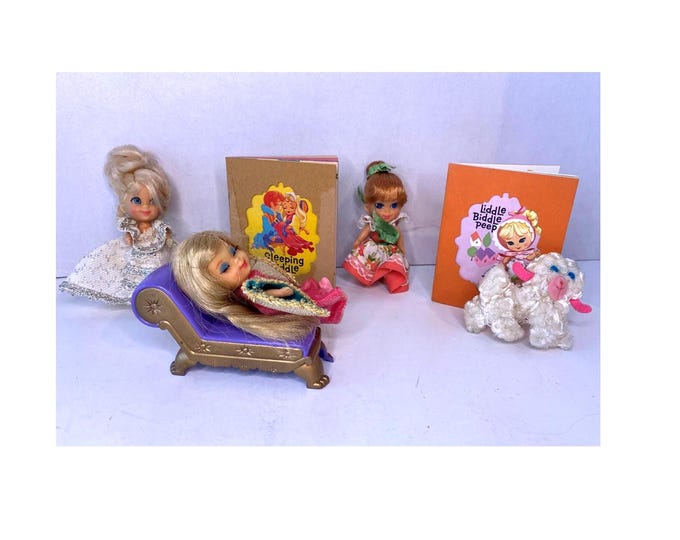 1960s Liddle Kiddle Sleeping Biddle Beauty w/storybook, Middle Muffet Doll, Cinderella Doll or Liddle Piddle Peep Lamb and Storybook