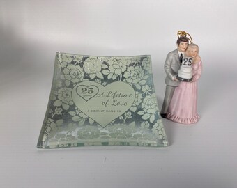 1987 25th Silver Wedding Anniversary Ceramic Bisque Couple Figurine Holding Cake and a Glass trinket dish with Bible Verse
