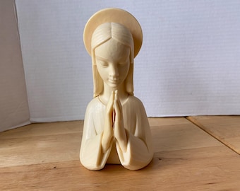 Vintage cream colored plastic bust of Virgin Mary, Mother of God, Madonna praying