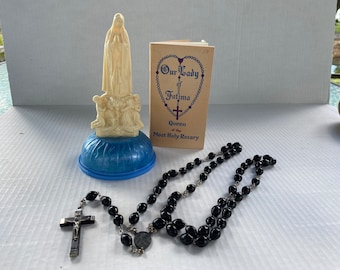 Rosary Trinket Box with Our Lady of Fatima and Children- includes large 29" vintage rosary with booklet on the Queen of the Most Holy Rosary