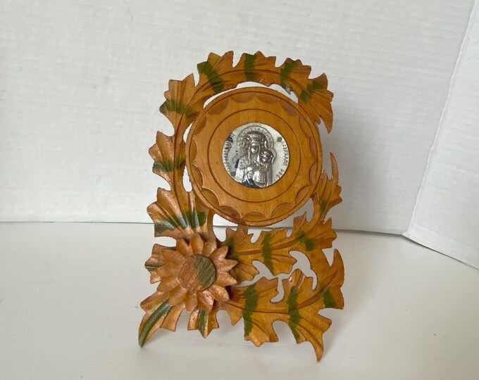 Vintage Catholic Medallion of Our Lady of Częstochowa  (Poland) on Hand Carved Wooden Easel Stand