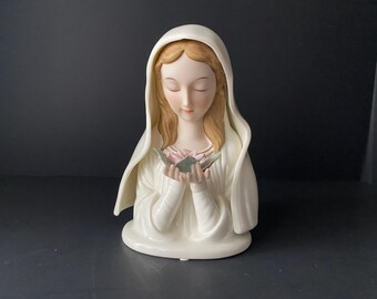Vintage Porcelain Ceramic Madonna bust holding Bisque Rose