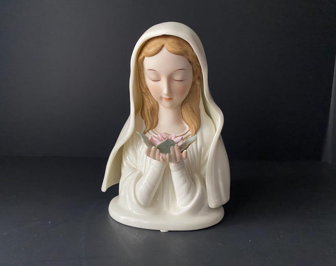 Vintage Porcelain Ceramic Madonna bust holding Bisque Rose