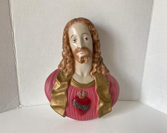 Vintage 13" Sacred Heart of Jesus Bust Chalkware Plaster Wall Art by Paris Arts Co Detroit Mi  1950s