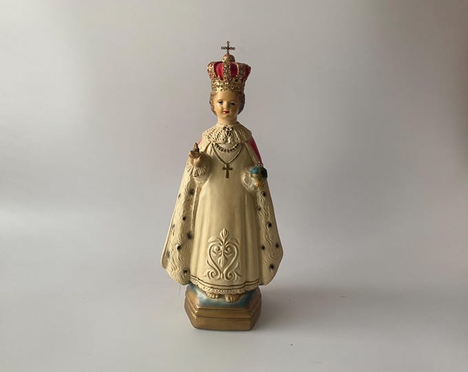 1940s  12" Infant Jesus of Prague Chalkware with rhinestone cross on Crown and Globe