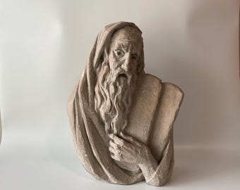 15" Tall 1967 Arnold Henry Bergier Ceramic Sculpture of Moses with the 10 Commandments Bust