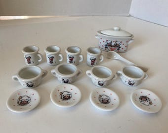 14 Piece set  Campbell Soup Tureen Porcelain mini  kitchen playset - Soup Tureen with lid, ladle, 4 plates, 4 mugs and 4 soup bowls