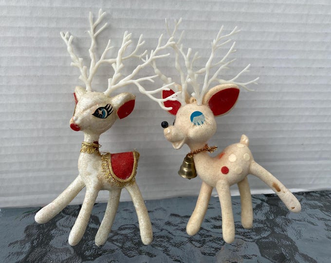 Set of 2 Flocked Plastic White Reindeer