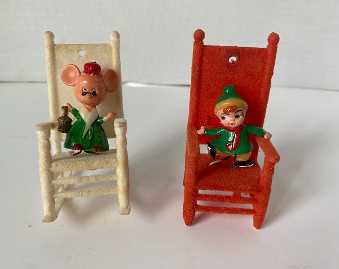 Set of Vintage  2 Flocked Christmas Tree ornaments - Mouse in Rocking Chair and Ice Skating Boy in Red Chair