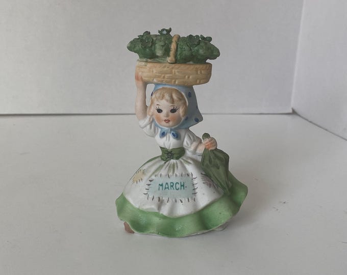 Vintage March Birthday Porcelain Bisque Figurine with Basket of Clovers