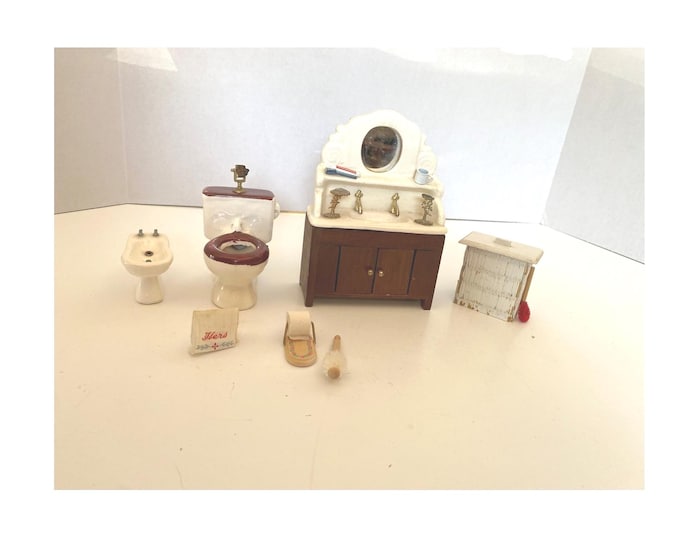 Vintage Dollhouse Victorian Porcelain Toilet, Bidet, Ornate Wooden and Porcelain Sink & accessories, lidded hamper toilet paper roll, holder