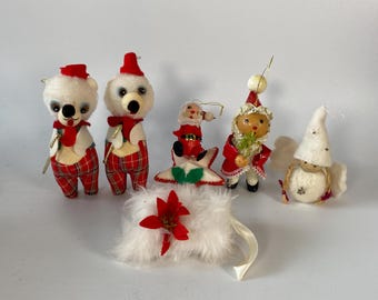 Set of 6 Vintage Flocked, Felt and Styrofoam Christmas Ornaments