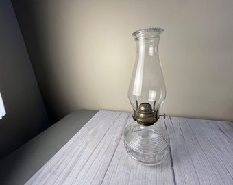 Kaadan art deco cube with X design with rib detail clear glass oil lamp with beaded chimney and wick