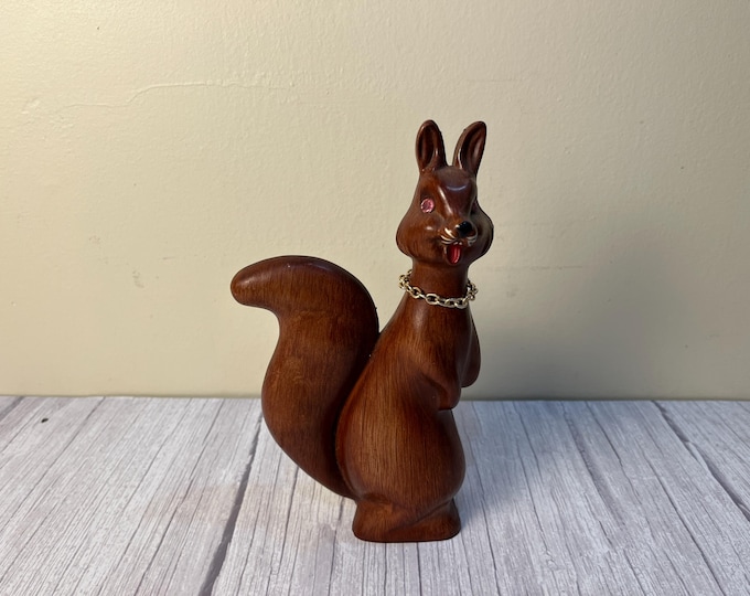 Vintage 1950"s Ross Products faux wood resin Squirrel with Rhinestone eyes and necklace