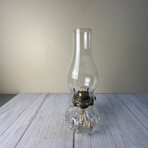 Vintage Lamp Light Farms double oblong circles and lined oil lamp with chimney and wick