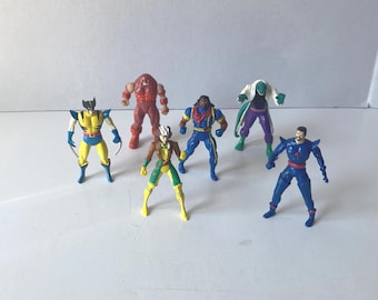 1990s Set of 6 Marvel Die Cast Action Figurines - Wolverine, The Lizard, Mr Sinister, Juggernaut, Bishop and Rogue - Spiderman, X-Men Series