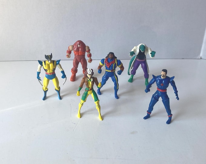 1990s Set of 6 Marvel Die Cast Action Figurines - Wolverine, The Lizard, Mr Sinister, Juggernaut, Bishop and Rogue - Spiderman, X-Men Series