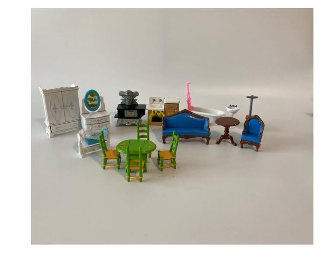 16 Piece Little Kiddles Family die cast metal furniture from 1980 includes, table, chairs, stove, bedroom set, bathroom set and more