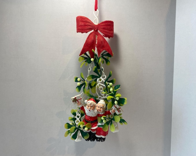 Vintage blow mold Swinging Christmas Mr. and Mrs Santa Claus Mistletoe Hanging decoration