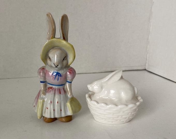Set of 2 Vintage Porcelain Ceramic Easter Figurines - Girl Bunny from Occupied Japan and miniature bunny salt cellar