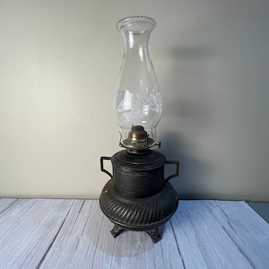 Vintage very decorative 2 handle, footed metal Eagle chimney and adjuster oil lamp with chimney and wick