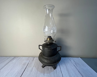 Vintage very decorative 2 handle, footed metal Eagle chimney and adjuster oil lamp with chimney and wick