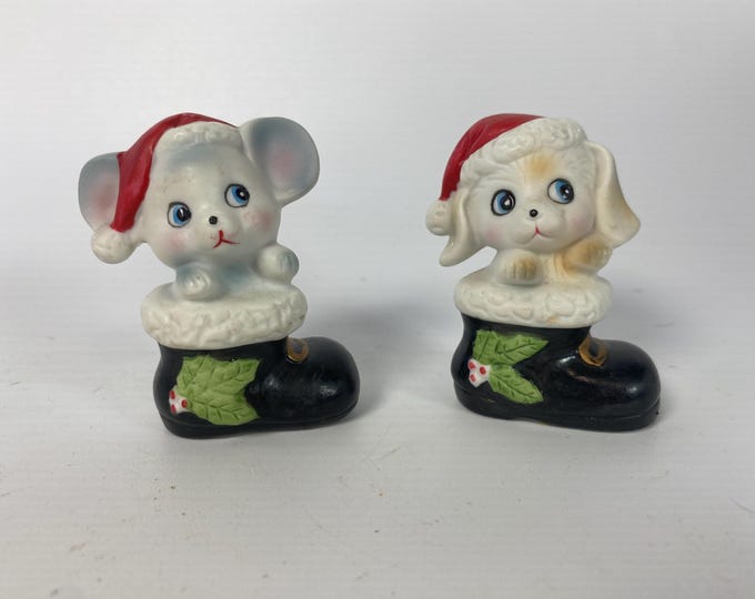 Adorable Set of 2 Homco Christmas Bisque Ceramic Boot Set - Puppy dog in boot and Mouse in Boot