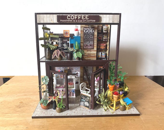 COMPLETED lighted Coffee Shop/Room by Flever Miniature Dollhouse Kit  Decorations w/Lights, batteries included and  1:24 Scale